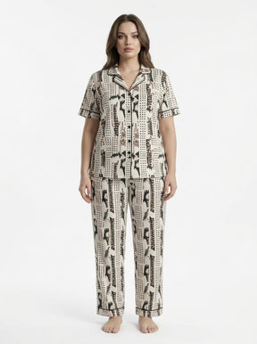 Women’s Bold Black & Brown Printed Night Suit – 2 Piece Satin Pajama Set