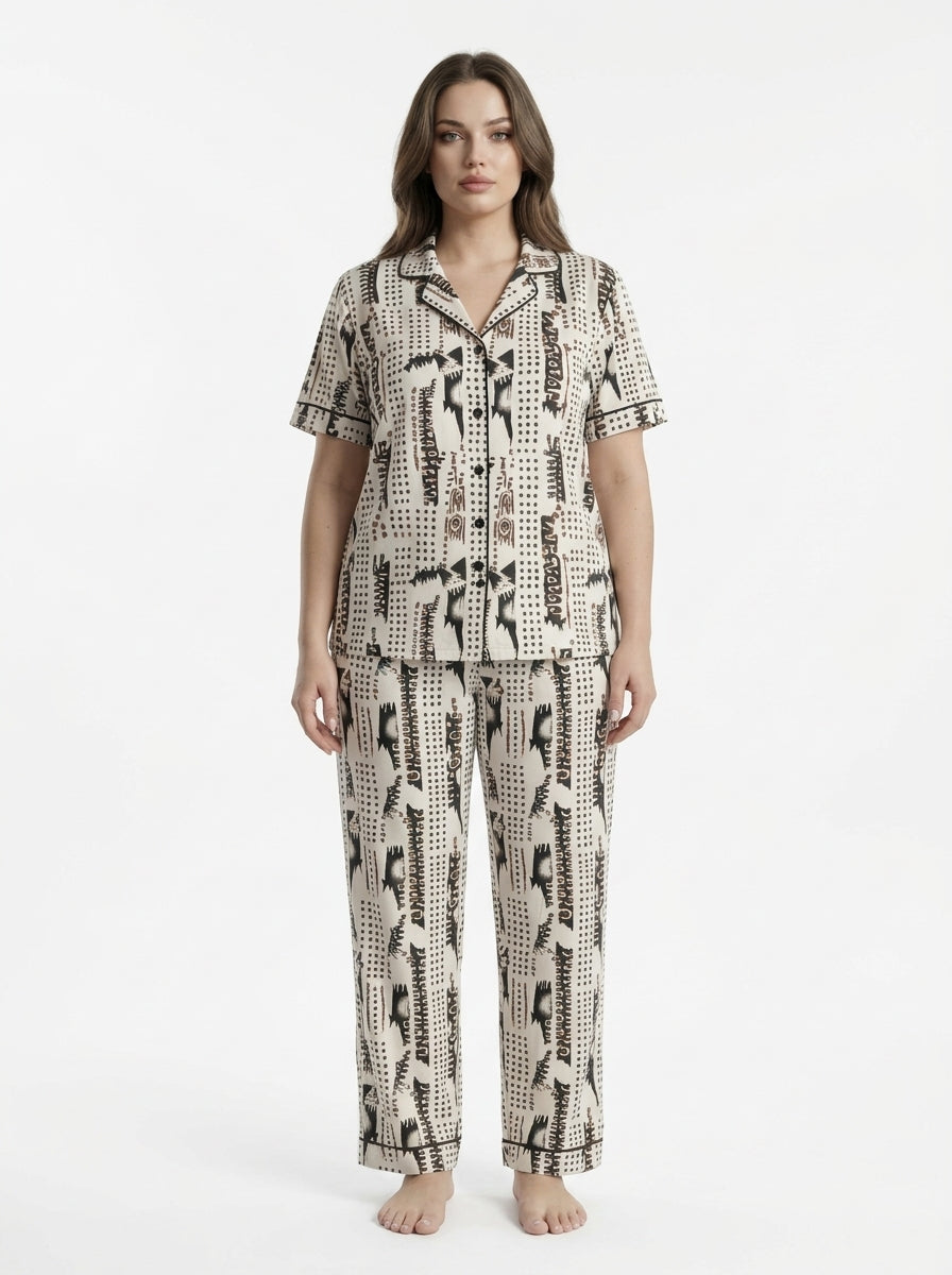 Women’s Bold Black & Brown Printed Night Suit – 2 Piece Satin Pajama Set