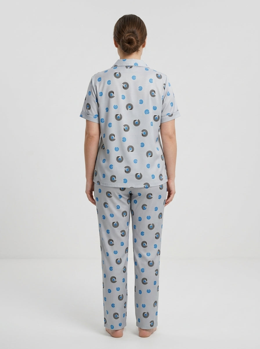 Women’s Light Grey 2-Piece Pajama Set | Printed Night Suit with Blue Swirl Pattern