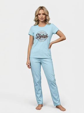 Women’s Sky Blue Printed Nightwear Set – Short Sleeve T-Shirt & Pants with Stylish