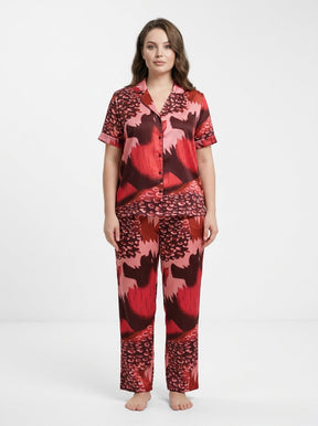 Women’s Bold Red & Maroon Printed Night Suit | 2 Piece Luxury Satin Pajama Set
