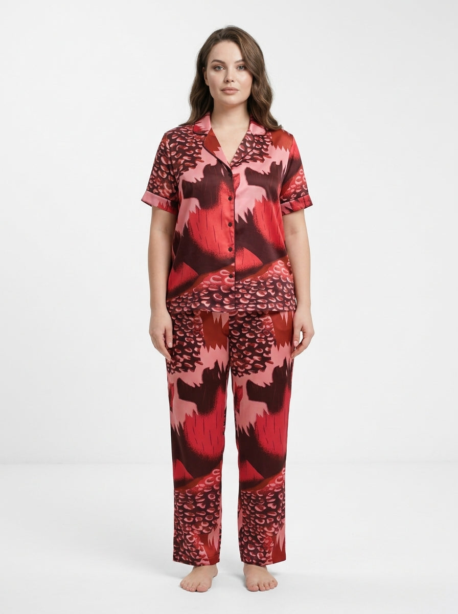 Women’s Bold Red & Maroon Printed Night Suit | 2 Piece Luxury Satin Pajama Set