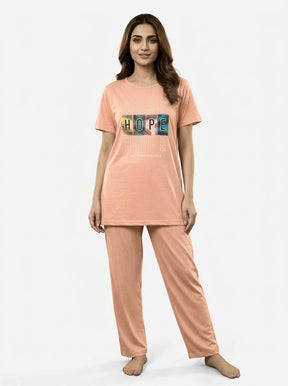 Women’s Motivational Peach Nightwear Set – HOPE Printed T-Shirt & Pants