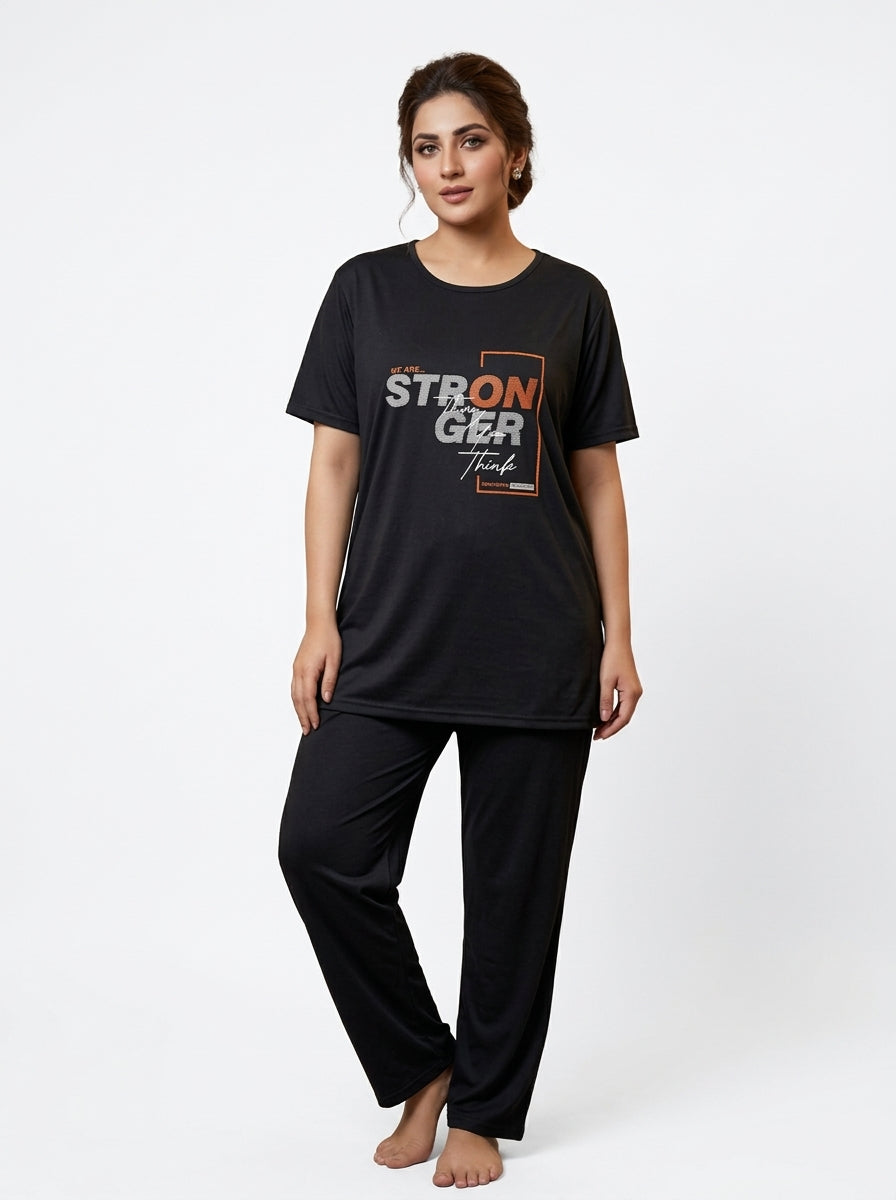 Women’s Black Graphic Print T-Shirt Pajama Set | Stronger Than We Think Lounge Set (2PC)