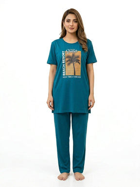 Women’s Teal Palm Tree Printed Nightwear Set | Short Sleeve T-Shirt & Pants