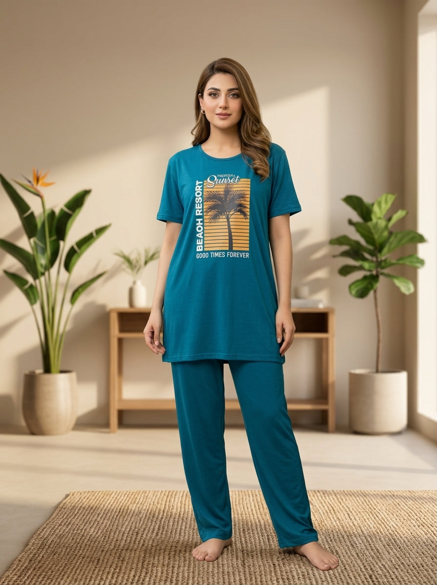 Women’s Teal Palm Tree Printed Nightwear Set | Short Sleeve T-Shirt & Pants
