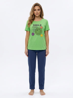 Women’s Teal Palm Tree Printed Nightwear Set – Short Sleeve T-Shirt & Pants