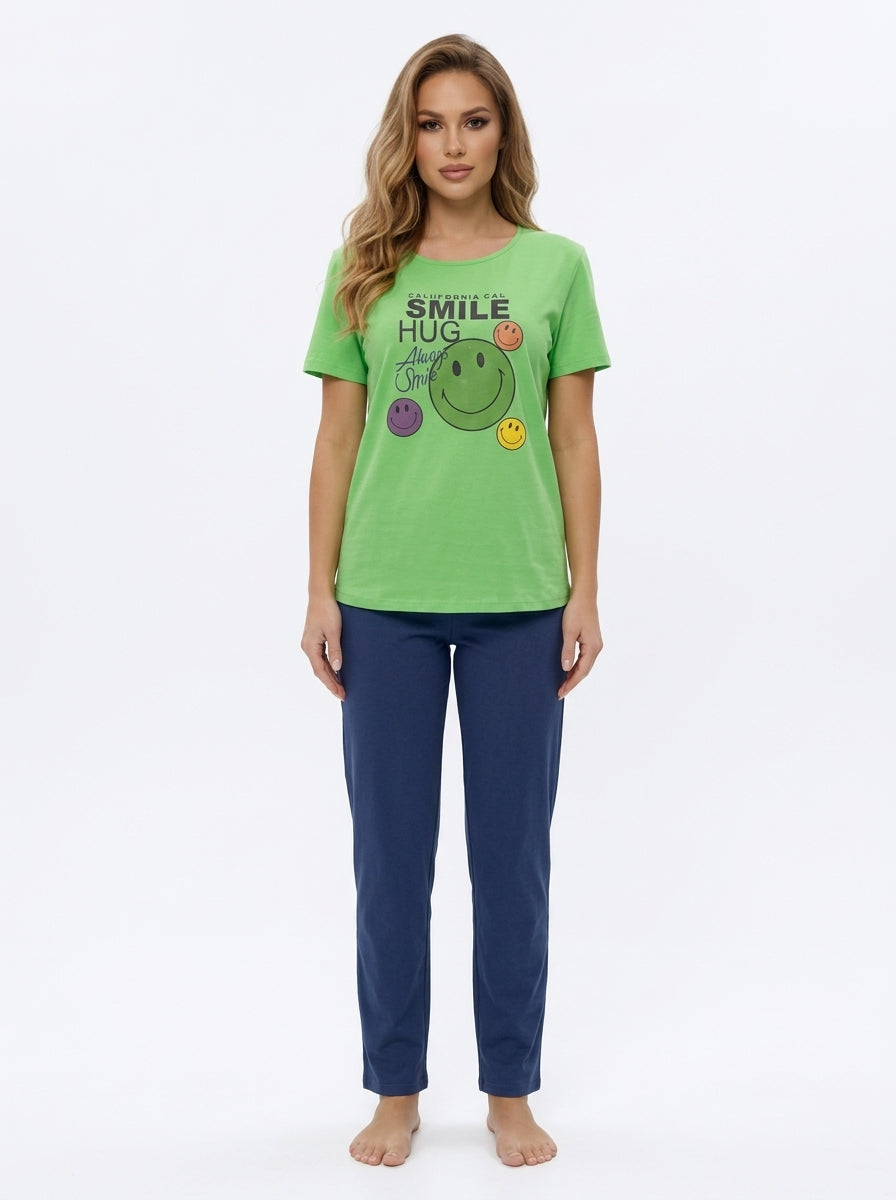 Women’s Teal Palm Tree Printed Nightwear Set – Short Sleeve T-Shirt & Pants