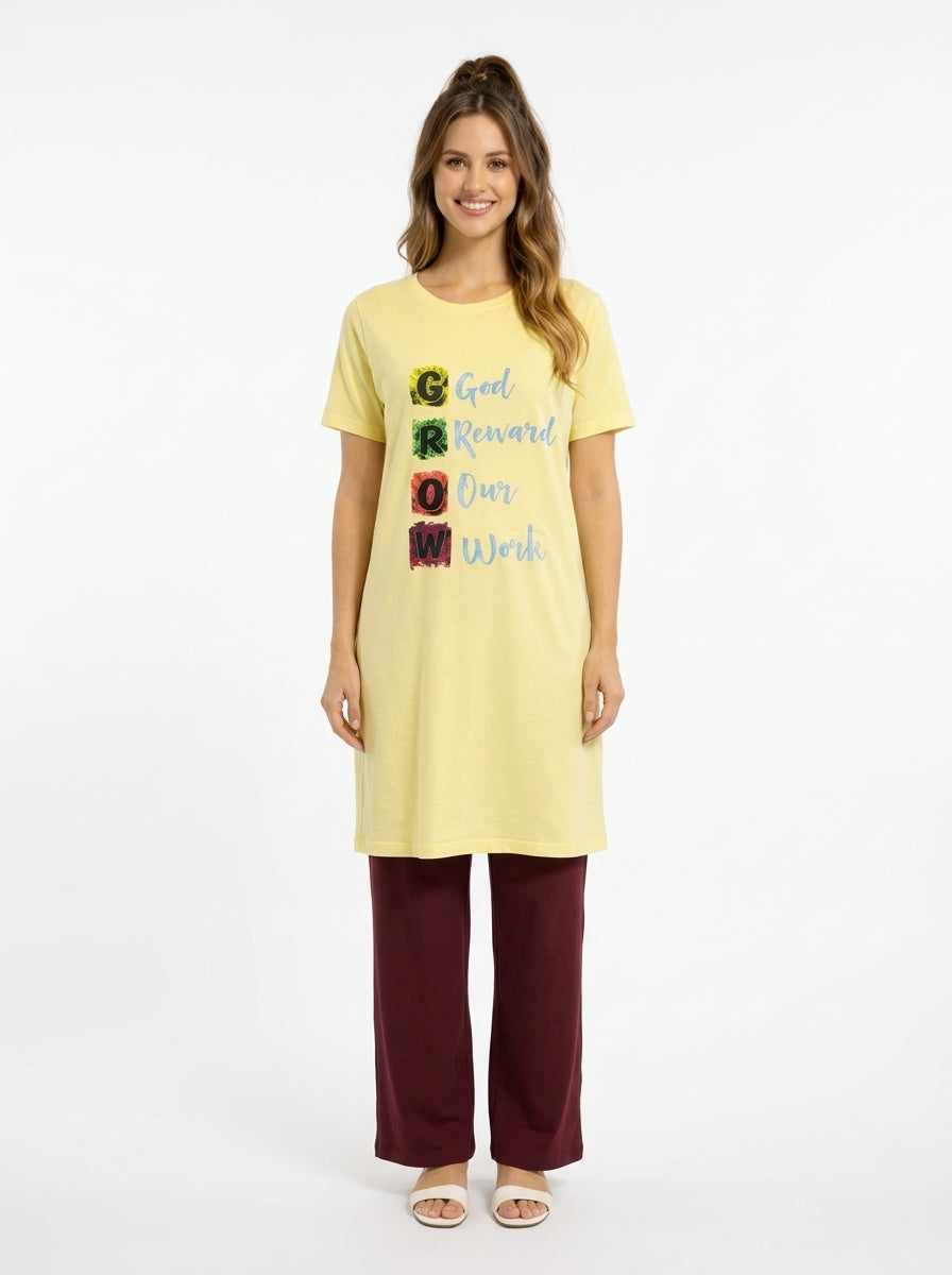 Women’s Motivational Yellow Nightwear Set | GROW Printed T-Shirt with Maroon Pants