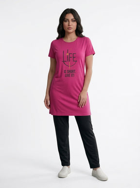 Women’s Fuchsia Graphic Nightwear Set | Longline T-Shirt & Black Pants (2 Piece)