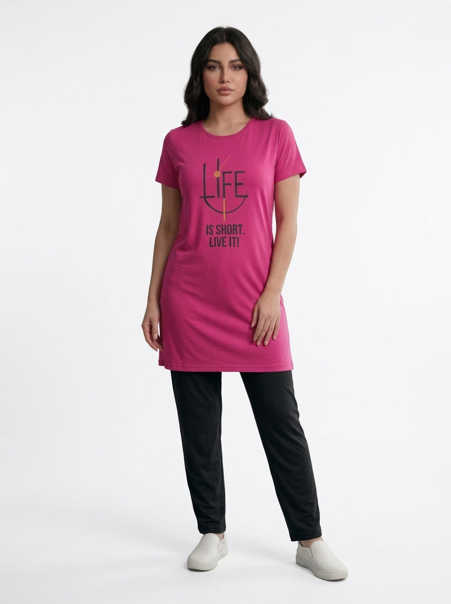 Women’s Fuchsia Graphic Nightwear Set | Longline T-Shirt & Black Pants (2 Piece)
