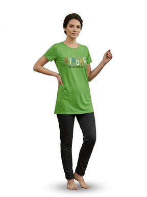 Women’s Green Motivational Nightwear Set | Longline T-Shirt & Charcoal Pants (2 Piece)