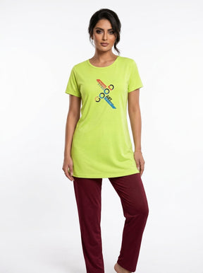 Women’s Lime Green & Maroon Lounge Set | Longline T-Shirt + Full-Length Pants (2 Piece)