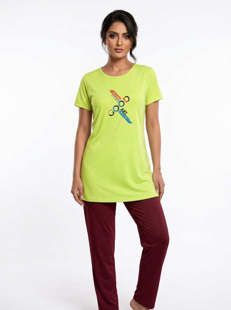 Women’s Lime Green & Maroon Lounge Set | Longline T-Shirt + Full-Length Pants (2 Piece)