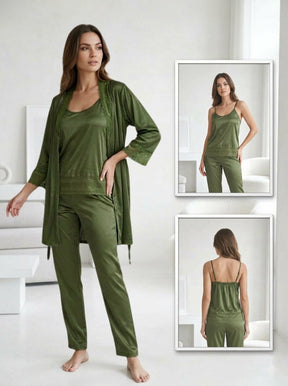 3-Piece Satin Lace Pajama Set | Olive Green Cami, Pants & Robe