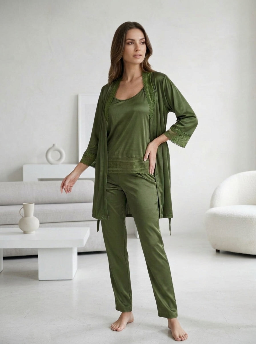 3-Piece Satin Lace Pajama Set | Olive Green Cami, Pants & Robe