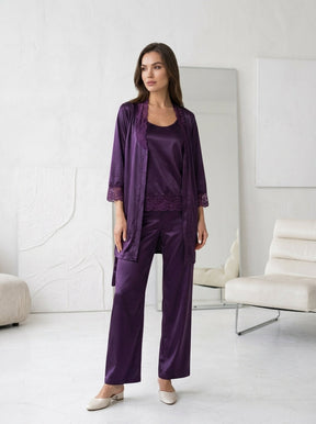 3-Piece Satin Lace Pajama Set | Cami, Pants & Robe