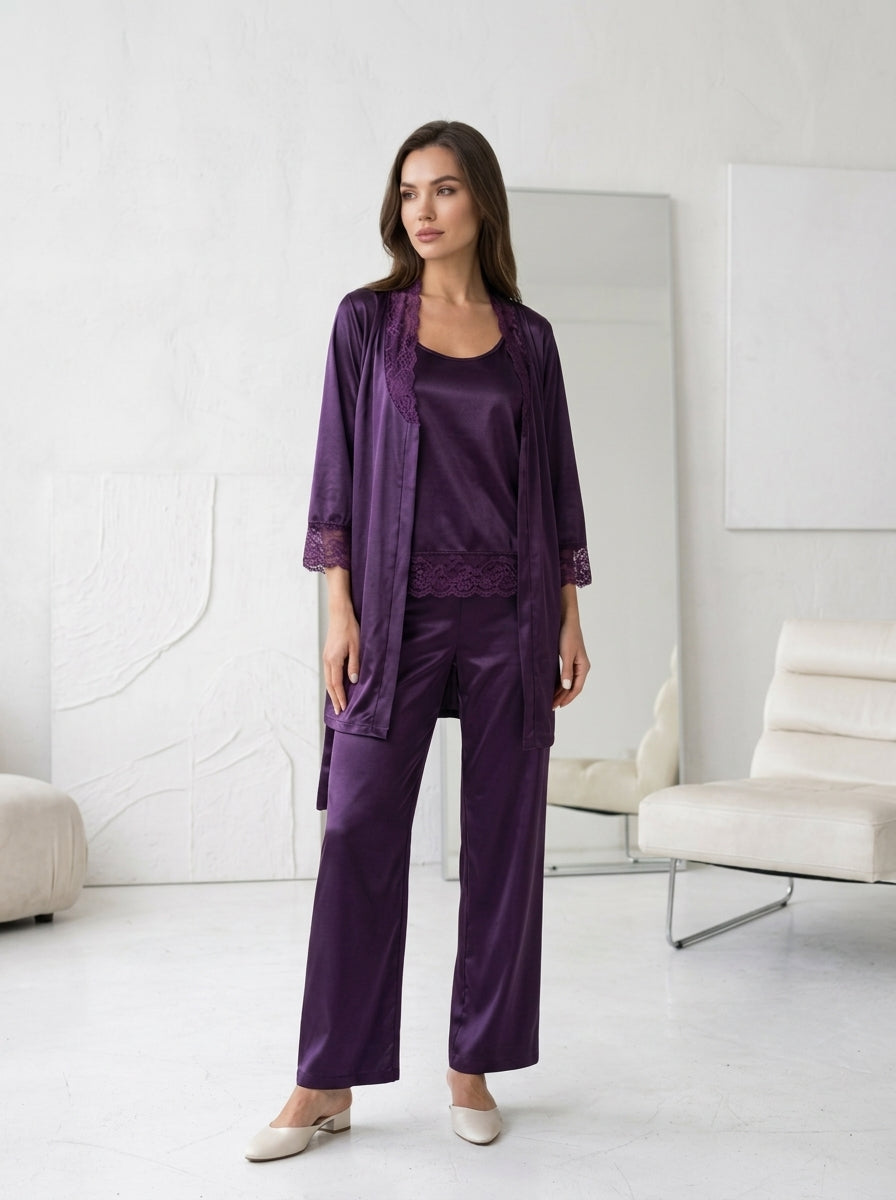 3-Piece Satin Lace Pajama Set | Cami, Pants & Robe