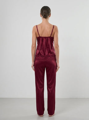 3-Piece Satin Lace Pajama Set | Burgundy Cami, Pants & Robe