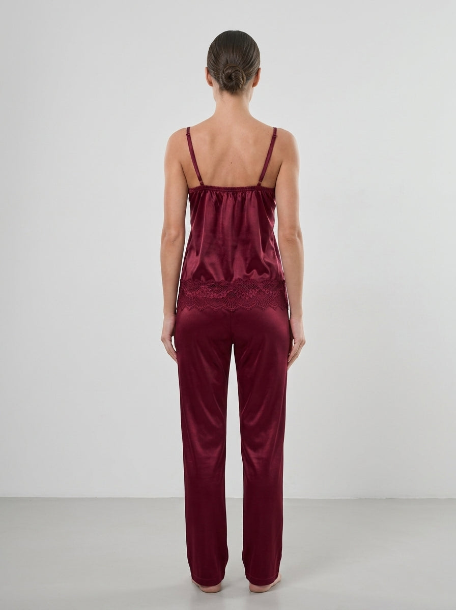 3-Piece Satin Lace Pajama Set | Burgundy Cami, Pants & Robe