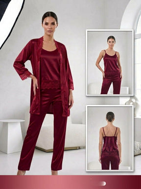 3-Piece Satin Lace Pajama Set | Burgundy Cami, Pants & Robe
