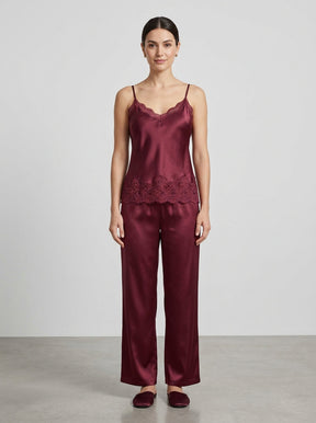 3-Piece Satin Lace Pajama Set | Burgundy Cami, Pants & Robe