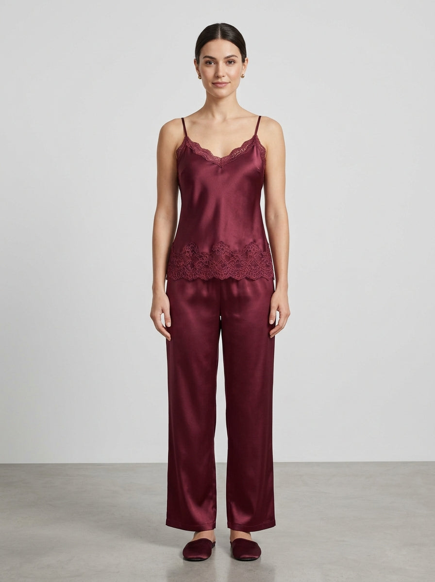 3-Piece Satin Lace Pajama Set | Burgundy Cami, Pants & Robe
