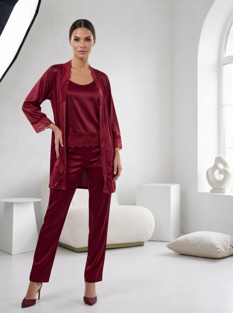 3-Piece Satin Lace Pajama Set | Burgundy Cami, Pants & Robe