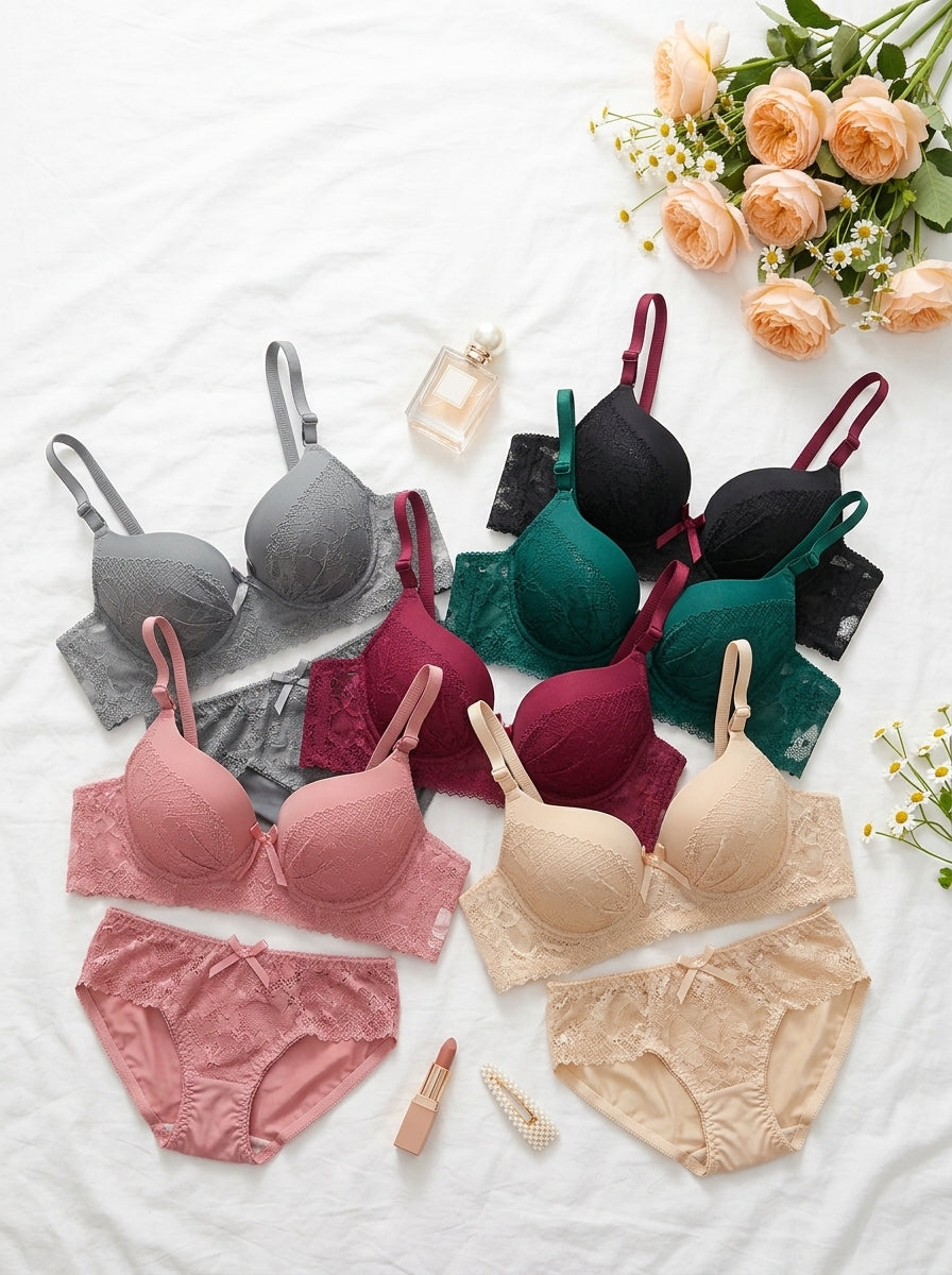 Lace Bow Padded Bra & Panty Set | Push-Up Lingerie