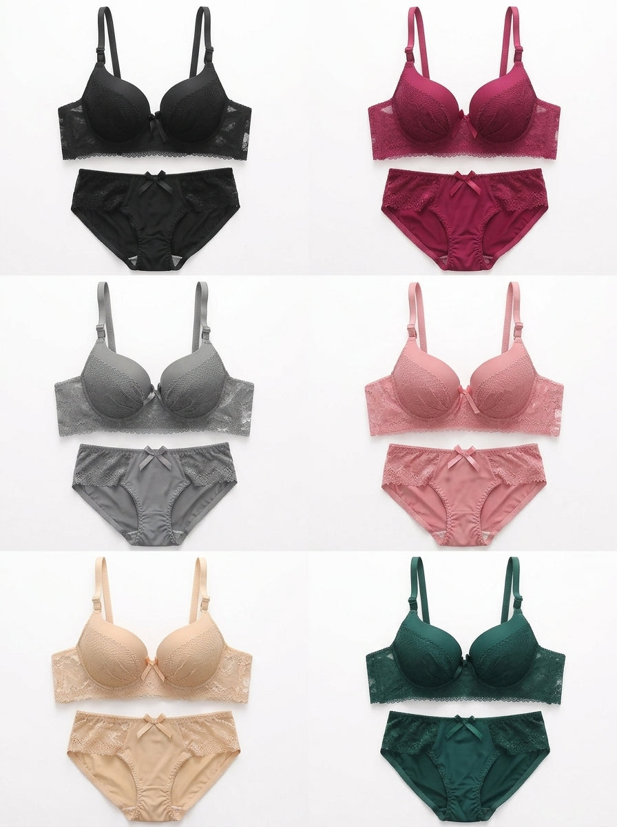 Lace Bow Padded Bra & Panty Set | Push-Up Lingerie