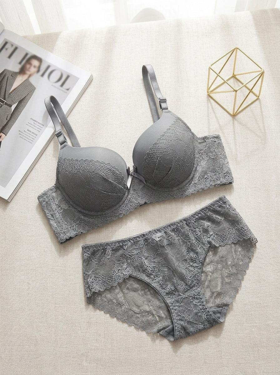 Lace Bow Padded Bra & Panty Set | Push-Up Lingerie