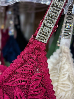 Burgundy Lace Longline Bralette with Rhinestone Straps | Wireless