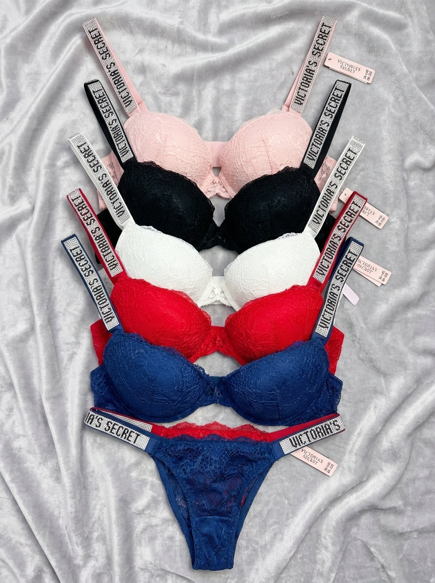 Lace Push-Up Bra & Panty Set with Crystal Embellished Straps