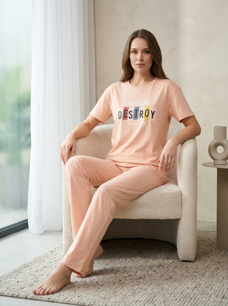 Ladies Pink Printed Lounge Set | Destroy Everything 2 Piece T-Shirt Pajama