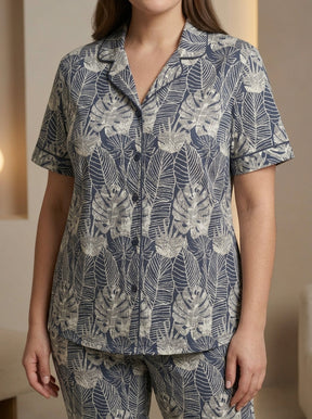 Ladies Leaf Print Night Suit | 2 Piece Pajama Set (Blue/Grey)