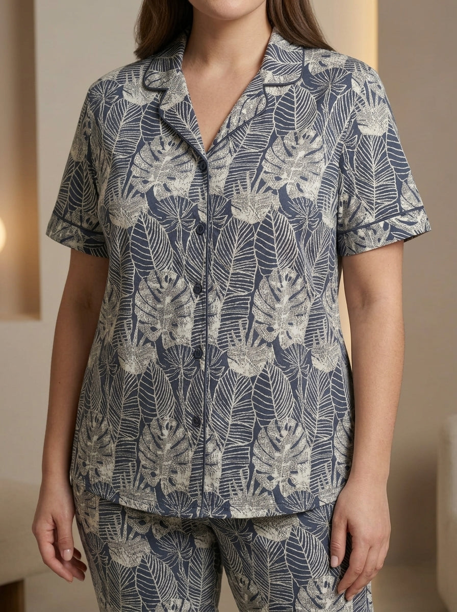 Ladies Leaf Print Night Suit | 2 Piece Pajama Set (Blue/Grey)