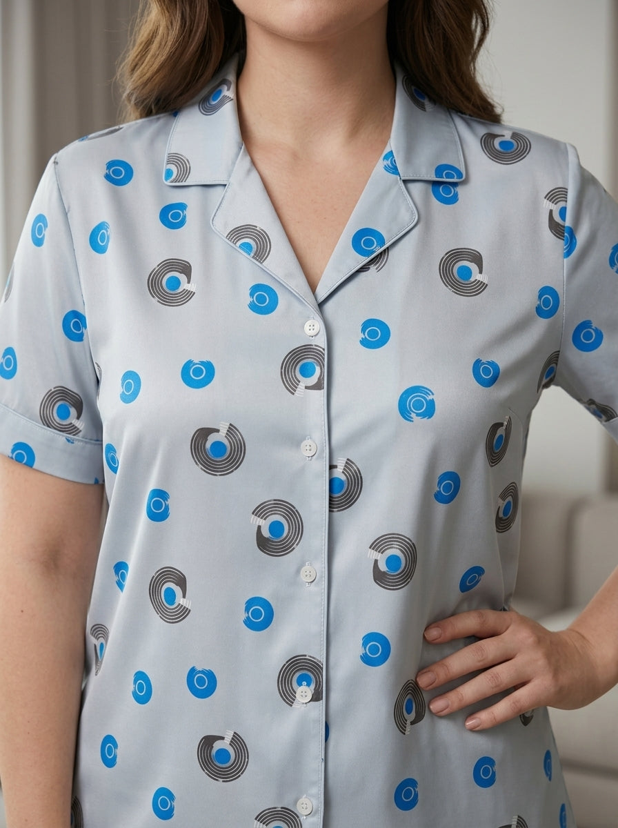 Women’s Light Grey 2-Piece Pajama Set | Printed Night Suit with Blue Swirl Pattern