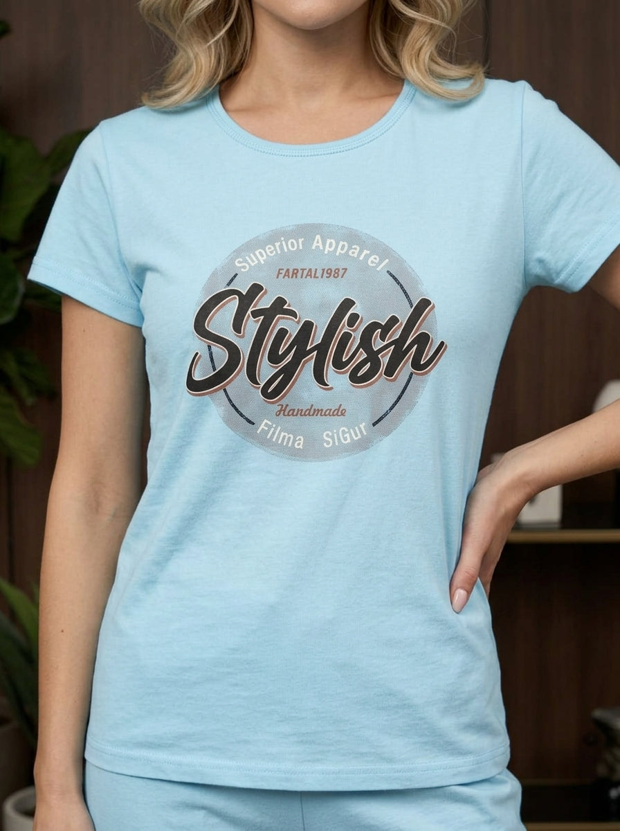 Women’s Sky Blue Printed Nightwear Set – Short Sleeve T-Shirt & Pants with Stylish