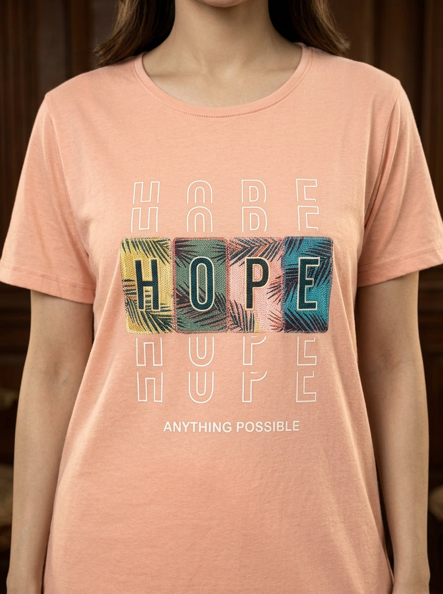 Women’s Motivational Peach Nightwear Set – HOPE Printed T-Shirt & Pants