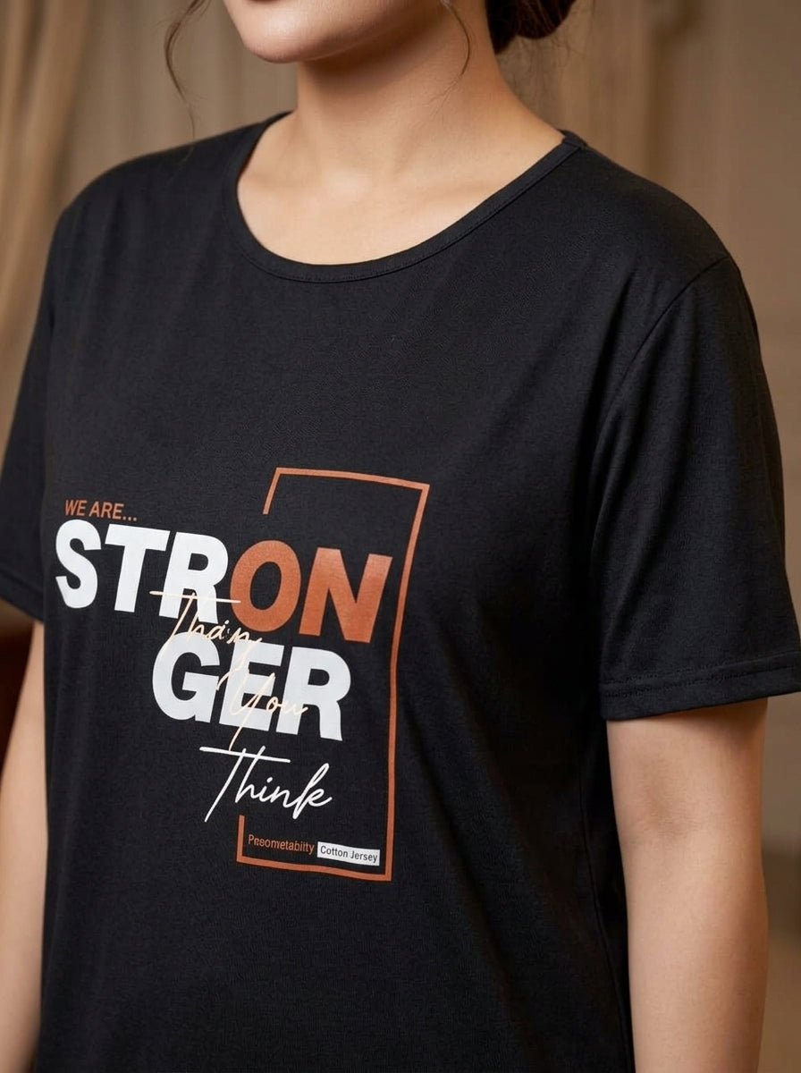 Women’s Black Graphic Print T-Shirt Pajama Set | Stronger Than We Think Lounge Set (2PC)