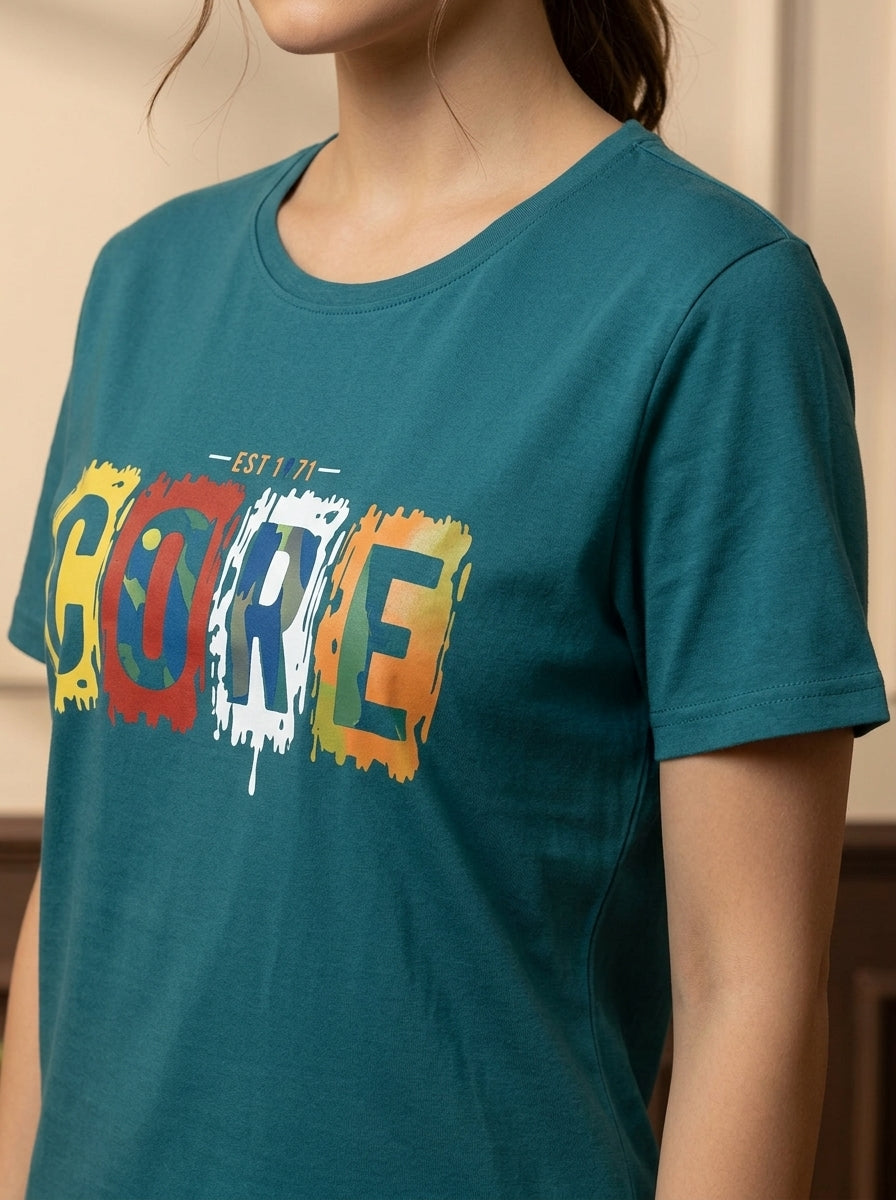Women’s Color Block Nightwear Set | Teal CORE Printed T-Shirt with Red Pants