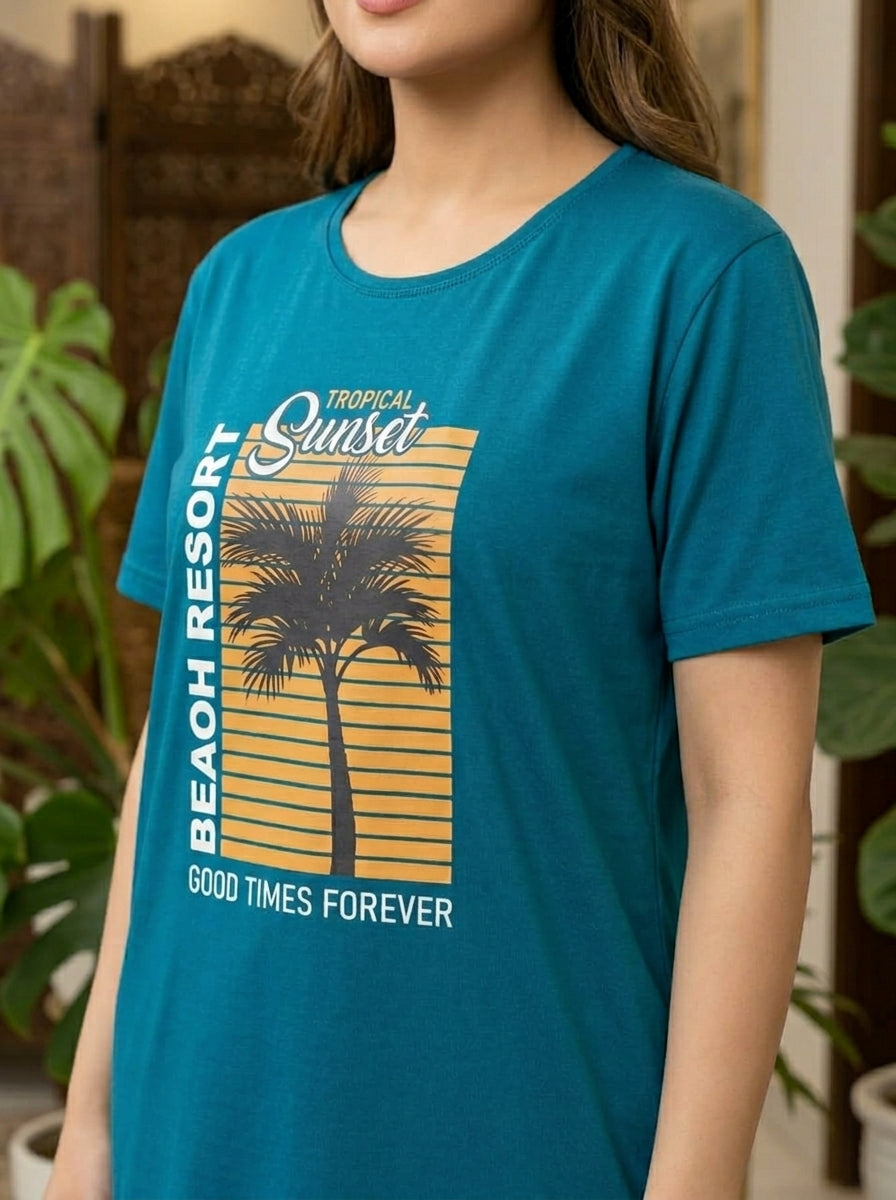 Women’s Teal Palm Tree Printed Nightwear Set | Short Sleeve T-Shirt & Pants