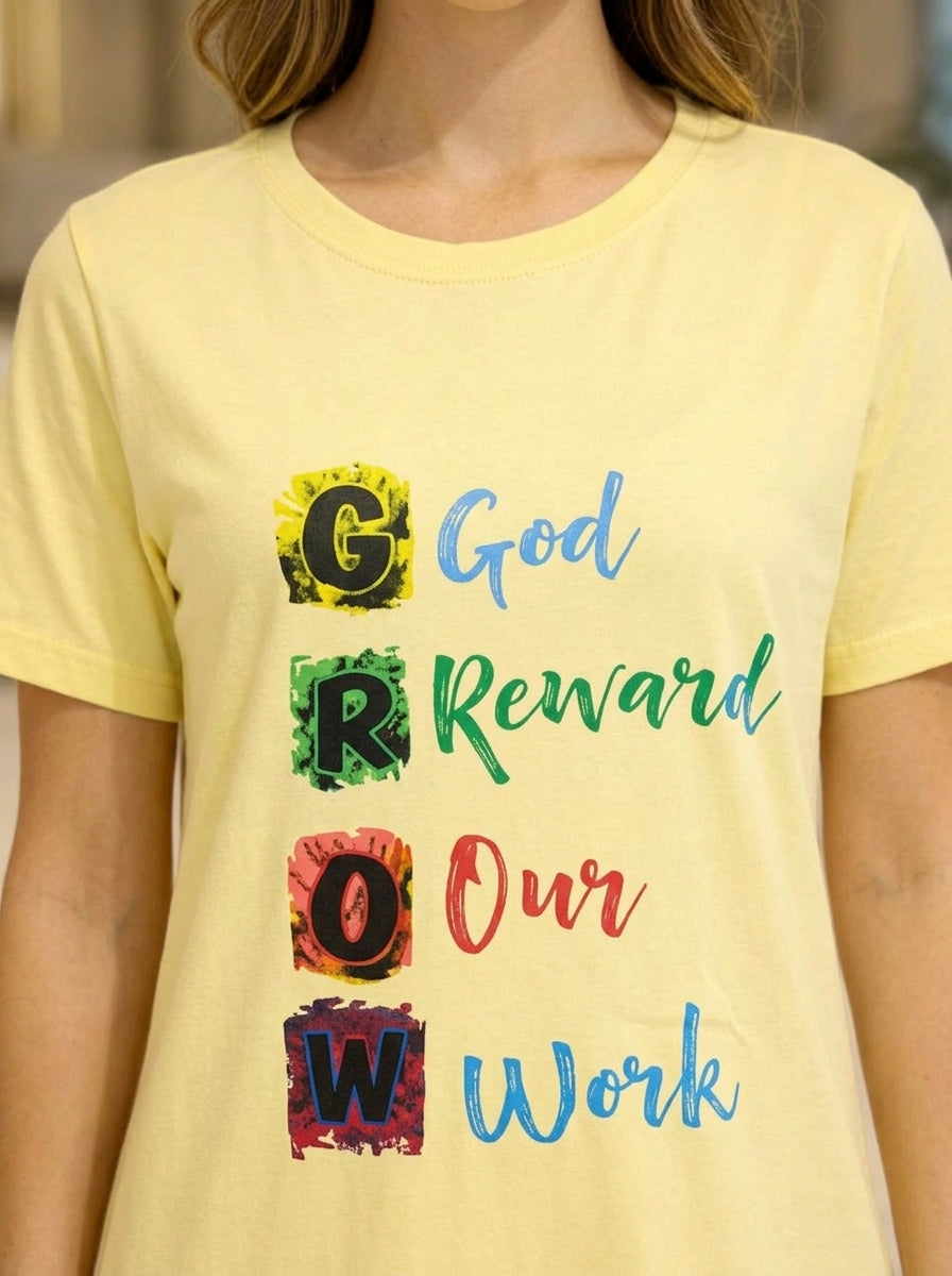 Women’s Motivational Yellow Nightwear Set | GROW Printed T-Shirt with Maroon Pants