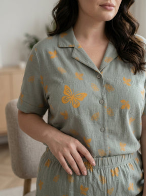 Women’s Sage Green Butterfly Print Pajama Set | 2PC Night Suit