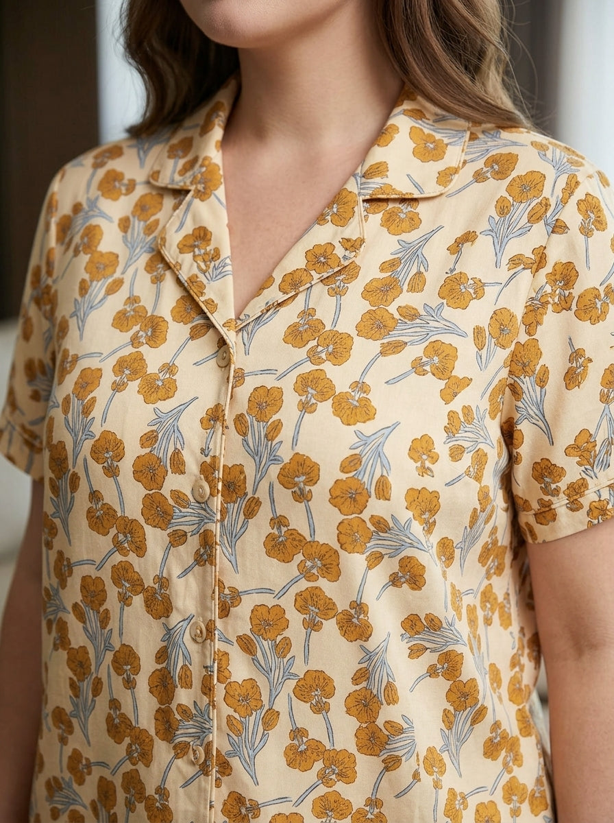 Ladies Floral Night Suit | 2 Piece Pajama Set (Cream Floral)