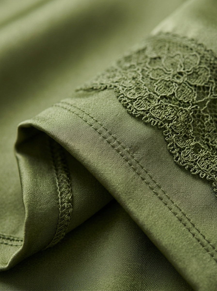 3-Piece Satin Lace Pajama Set | Olive Green Cami, Pants & Robe