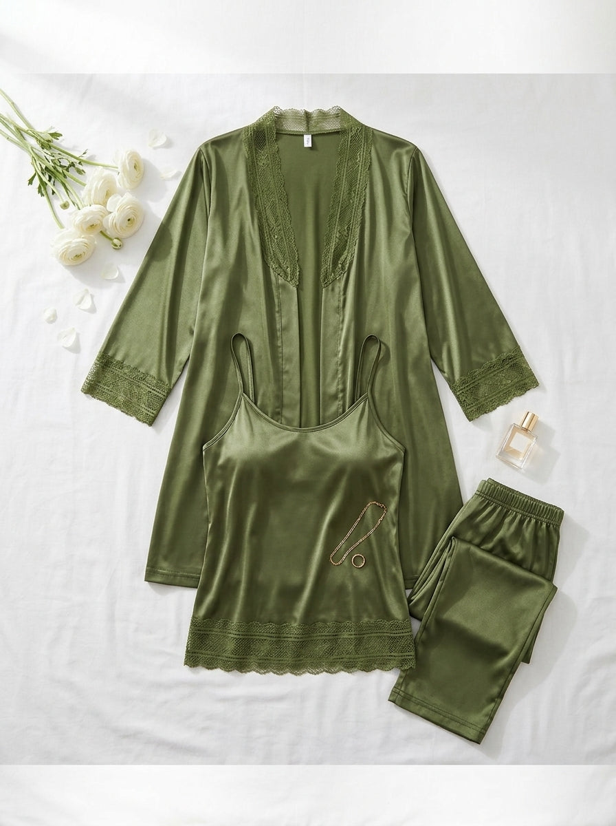 3-Piece Satin Lace Pajama Set | Olive Green Cami, Pants & Robe