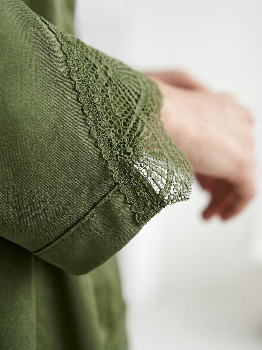 3-Piece Satin Lace Pajama Set | Olive Green Cami, Pants & Robe