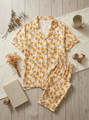 Ladies Floral Night Suit | 2 Piece Pajama Set (Cream Floral)
