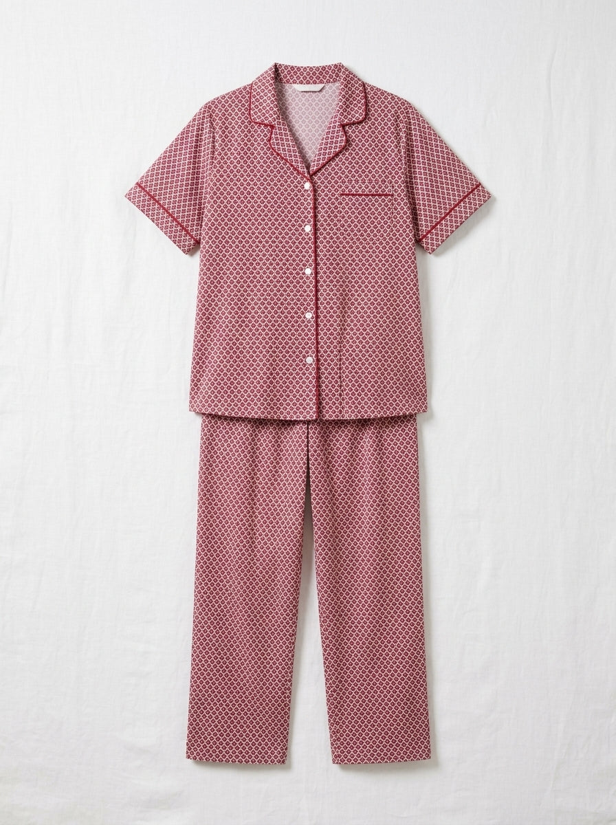 Ladies Pink Printed Night Suit | 2 Piece Pajama Set (Button Front)